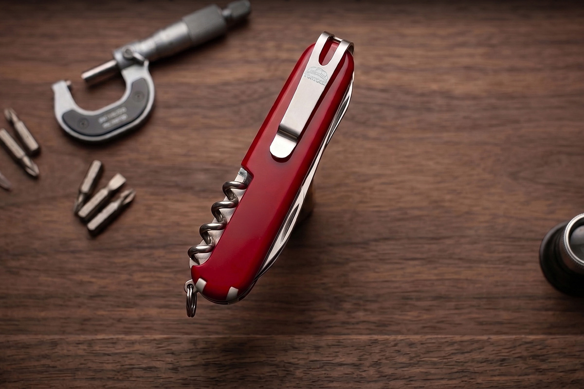Red Victorinox Swiss Army Knife fitted with the Tortoise Gear Lamprey91 stainless pocket clip on a wooden workbench